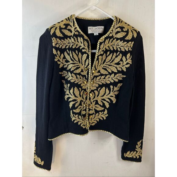 St.John Evening Collection Jacket  Marie Gray size 4 Black embroidered Gold Sant - Picture 2 of 9